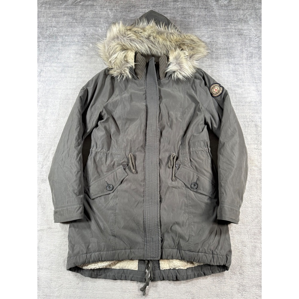 Abercrombie & Fitch Jacket Women Large Gray Y2K Parka Sherpa Lined Faux Fur